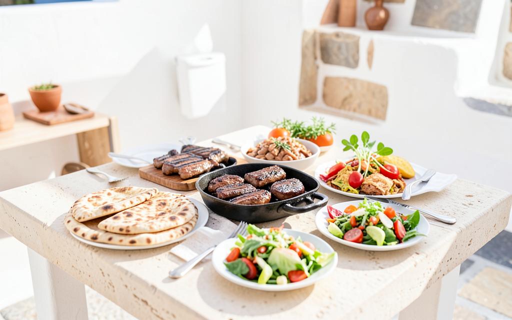 Grill house table with grilled meats and salads in Chania